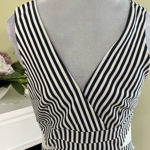 Bniina Navy Striped Plunging Neckline Mesh Insert Sleeveless Bodycon Dresses - Picture 5 of 9